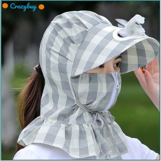 Cr Mũ Chống Nắng Chống Gió Bảo Vệ Mặt Và Cổ Họa Tiết Kẻ Sọc Kèm Quạt