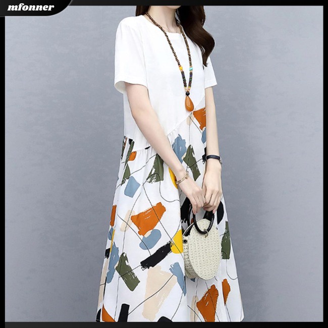 Đầm Dáng Chữ A Tay Ngắn Cổ Tròn Lưng Cao In Họa Tiết Thời Trang Mùa Hè Cho Nữ