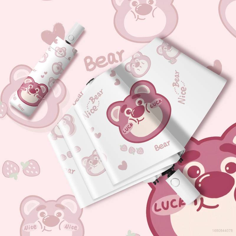Dù Gấp 3 Khúc Tự Động Chống Tia UV Chống Nắng Mưa Hình Gấu Dâu Tây