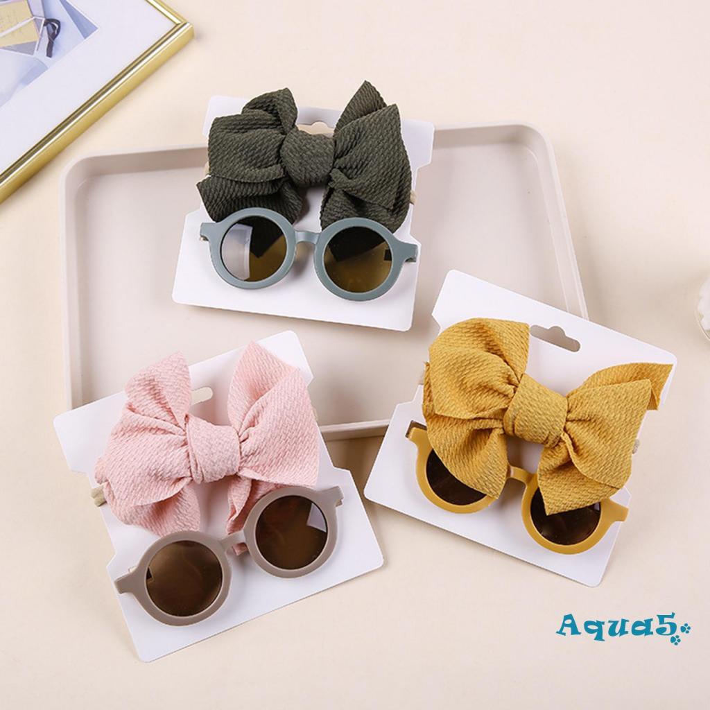 Set Kính Mát Gọng Tròn Chống Tia UV + Băng Đô Nơ Màu Sắc Trơn Dành Cho Bé Gái