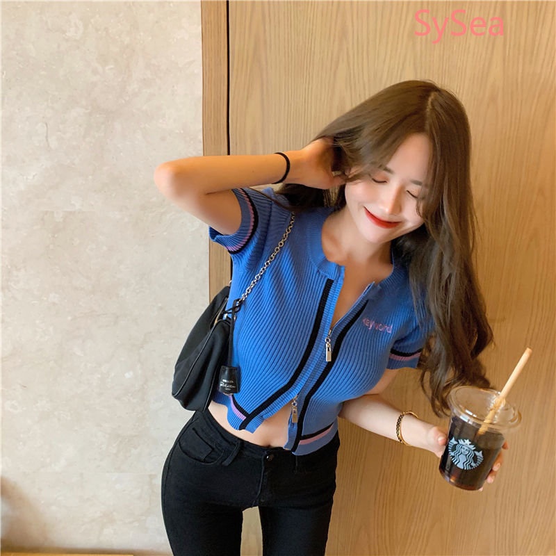 Áo Croptop Dệt Kim Phối Khóa Kéo Phong Cách Hàn Quốc Cho Nữ