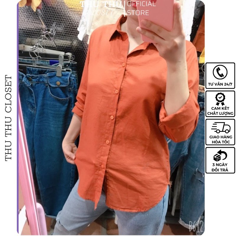 Áo sơ mi mi nữ trơn basic chất thô dễ phối đồ. 3 màu trắng, vàng, cam đất