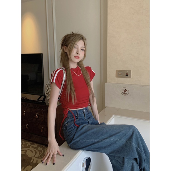 Áo croptop ZWQFP ngắn tay cổ tròn phối dây rút ôm dáng thời trang mùa hè dành cho nữ