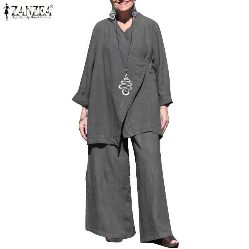 Zanzea Set Áo Tay Dài Và Quần Dài Ống Rộng Thời Trang Nữ Tính