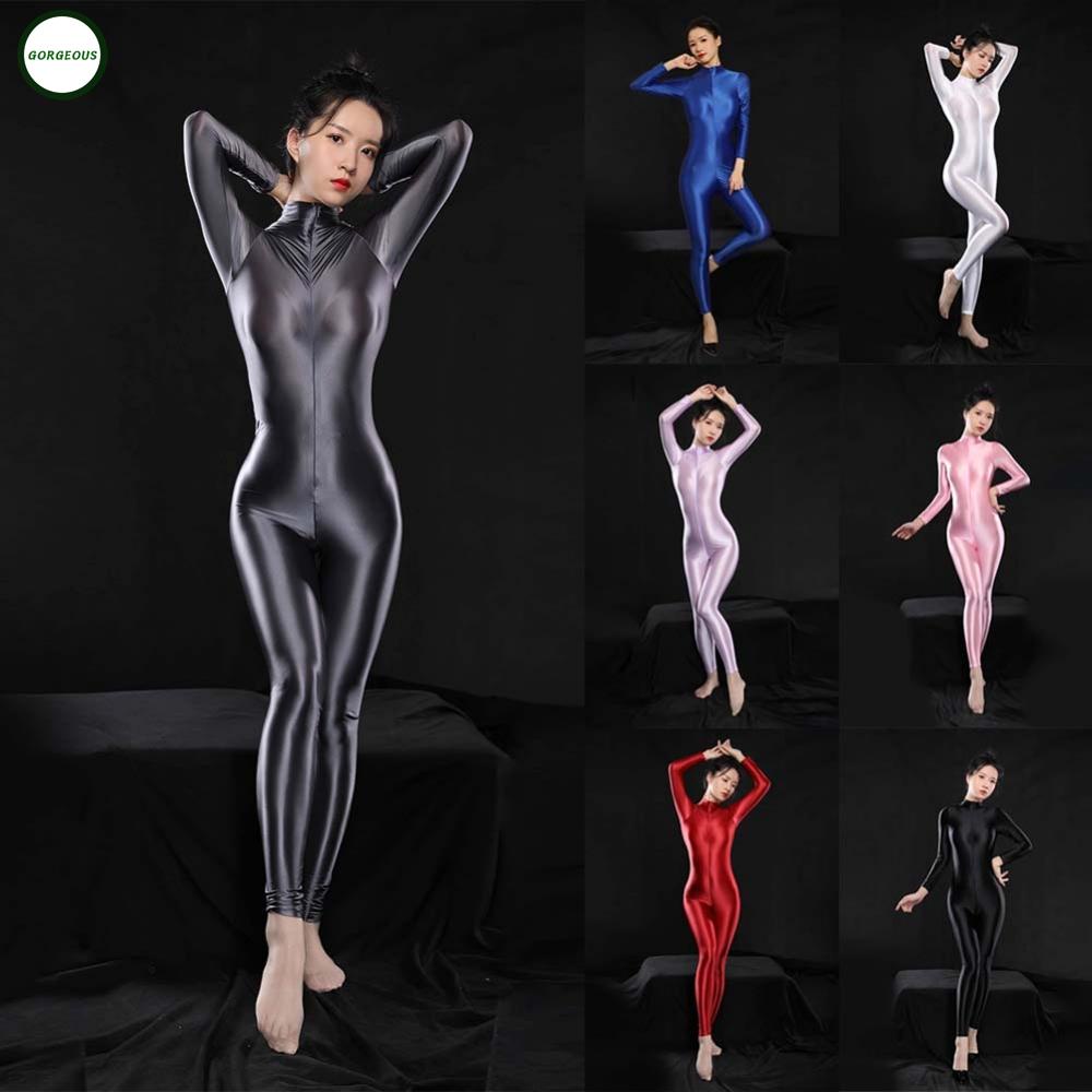 GORGEOUS~Womens Long Sleeve Zip-up Bodysuit Tights Glossy Bodystockings Jumpsuit oily
