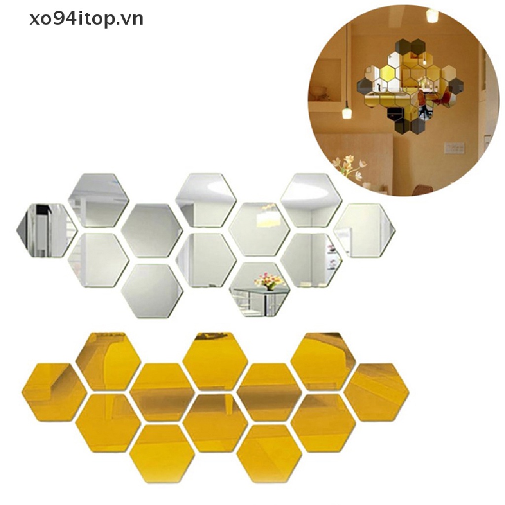 Set 12 Đề Can Vinyl Hình Lục Giác Tráng Gương 3D DIY Trang Trí Nhà Cửa Có Thể Tháo Gỡ