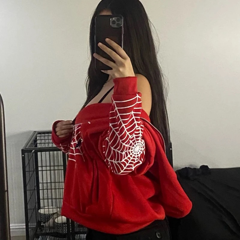 Áo Hoodie Đỏ Có Khóa Kéo Và Hình Nhện Phong Cách Harajuku punk grunge y2k 2023