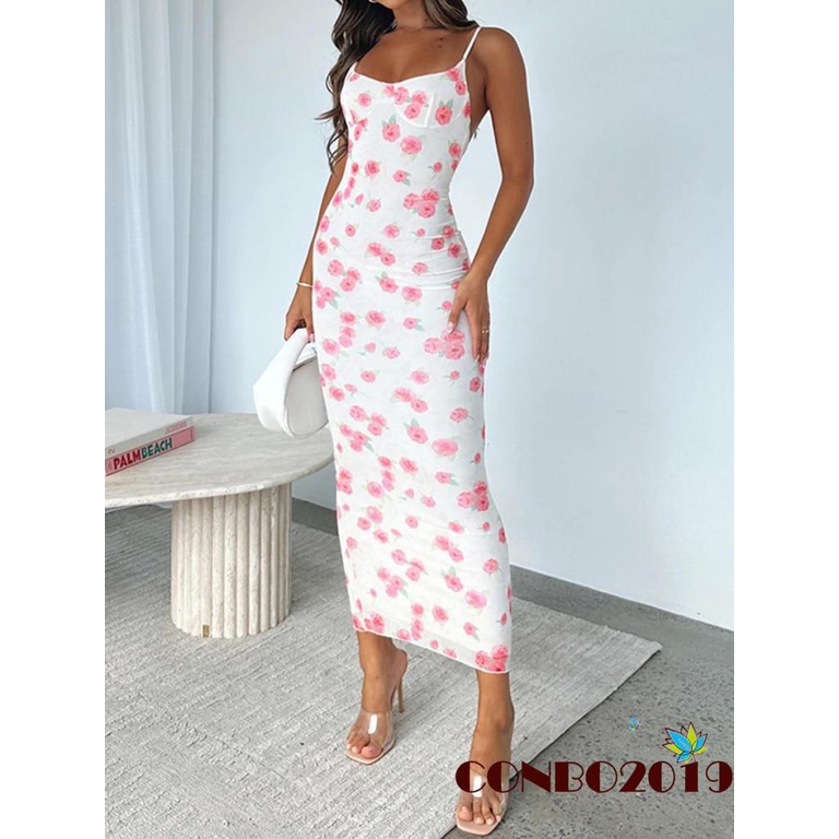 Đầm Hai Dây Dáng Dài Họa Tiết Hoa Hở Lưng Xẻ Tà Thời Trang Mùa Hè Cho Nữ