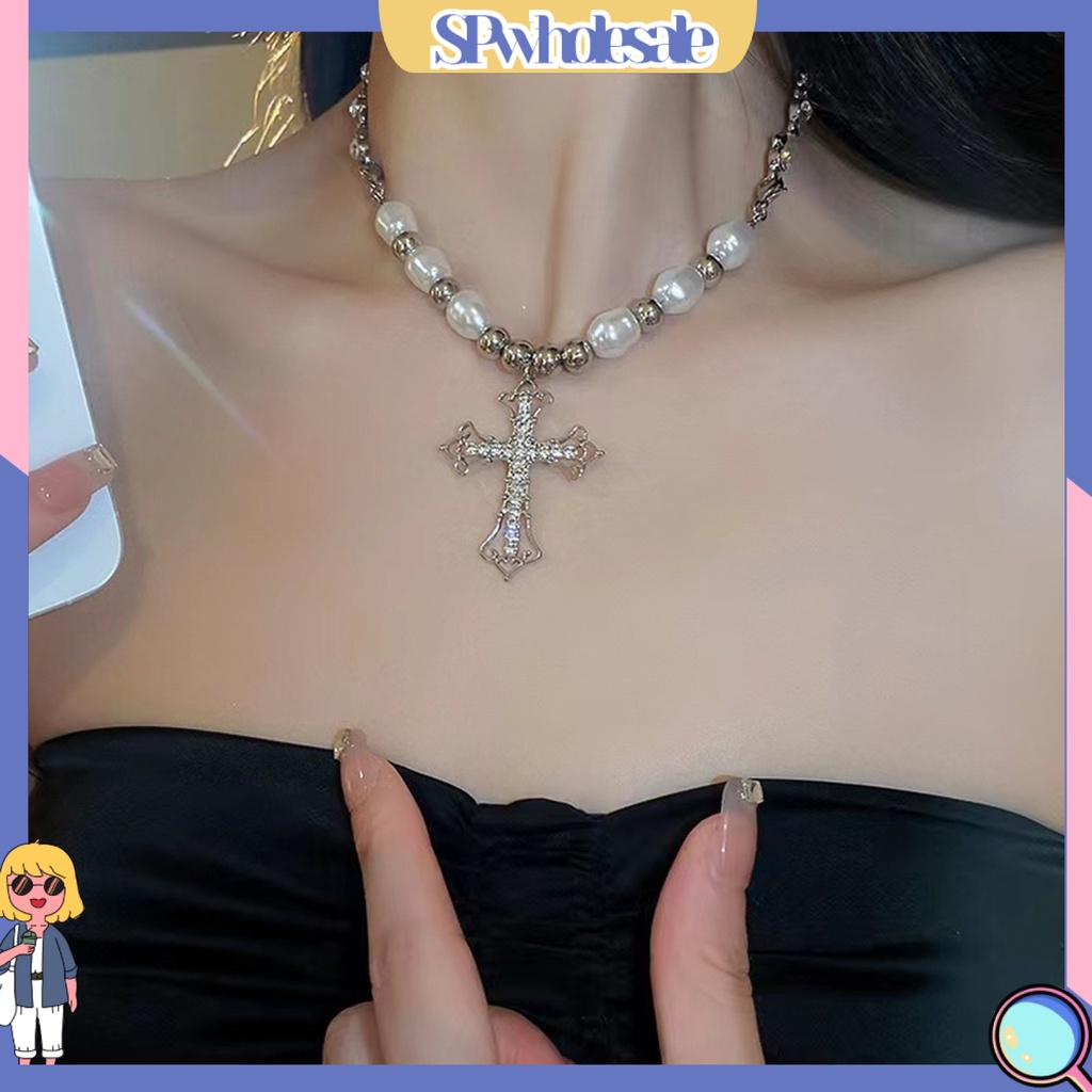 &lt;SPwholesale&gt; Vòng cổ Chuỗi Ngọc Trai Giả Phong Cách Punk Hip Hop Đính Kim Cương Giả Hình Thánh Giá Sáng Bóng Làm Quà Tặng Trang Sức Cho