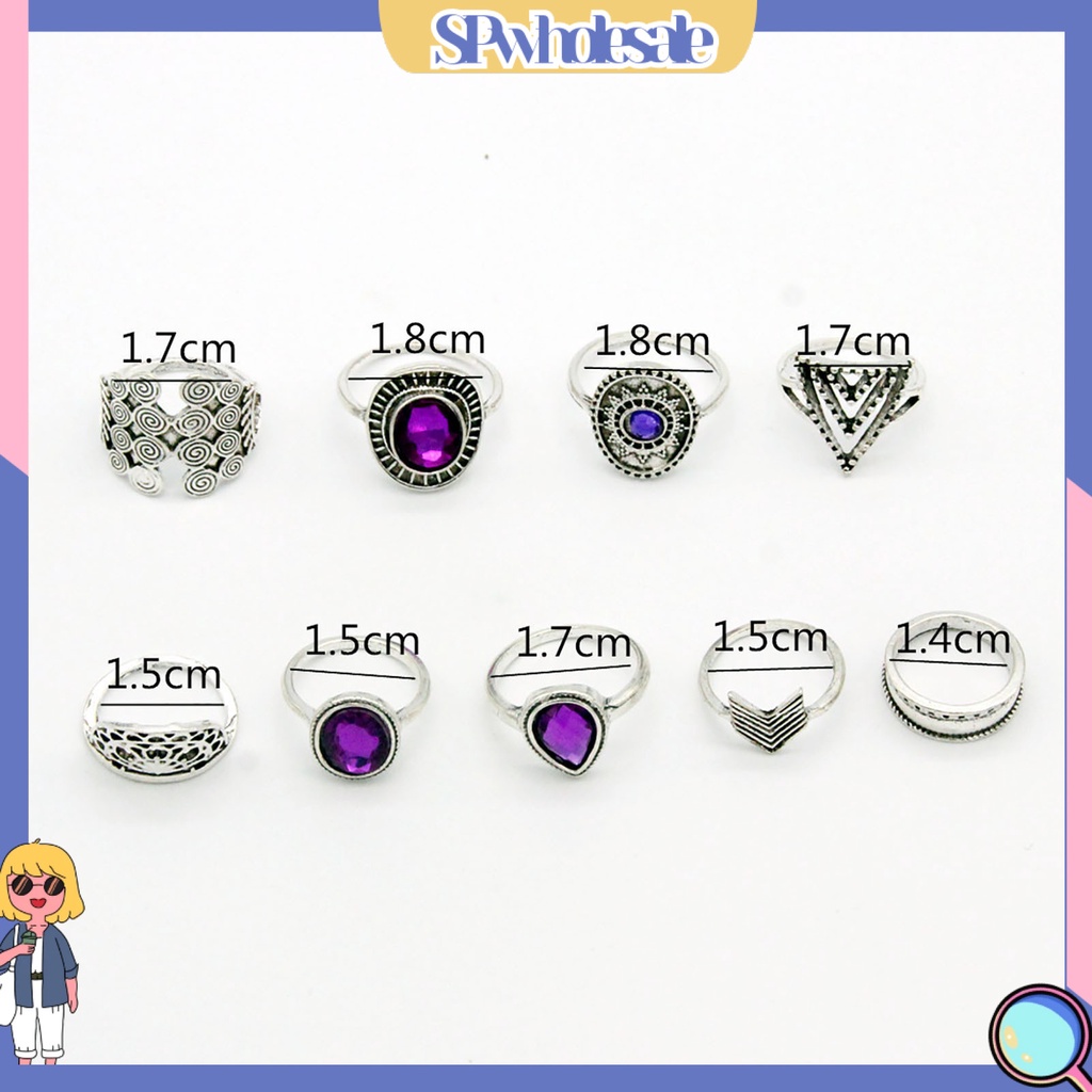 <SPwholesale> Bộ 9 Nhẫn Hợp Kim Đính Đá Tím Nhân Tạo Phong Cách Bohemia