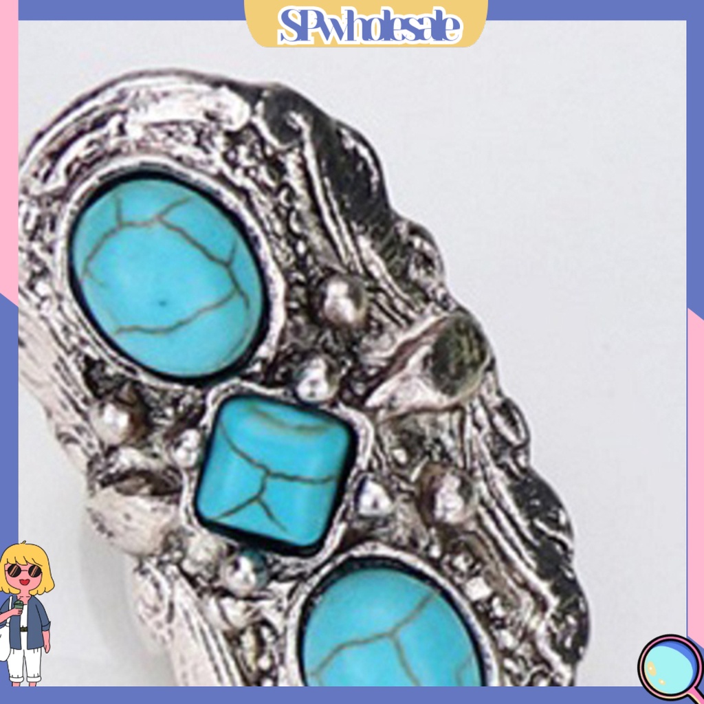 <SPwholesale> Nhẫn Hở Chạm Khắc Hoa Văn Đá Xanh Lá Phong Cách Bohemian Có Thể Điều Chỉnh Kích Thước Cho Bữ