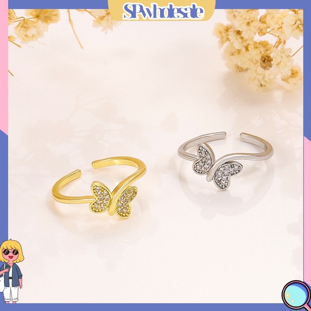<SPwholesale> Nhẫn Hở Hình Học Đính Đá Hình Bướm Lấp Lánh Có Thể Điều Chỉnh Trang Trí Thời Thượng < Spwholeale >