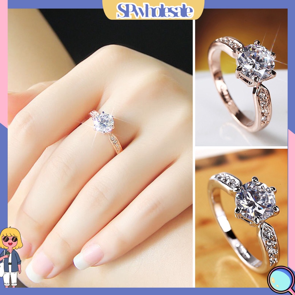 <SPwholesale> Nhẫn Mạ Bạc Đính Đá Kiểu Hình Học Sáng Bóng Không Phai Màu Trang Sức Cho Cô Dâu Đính Hôn Nữ