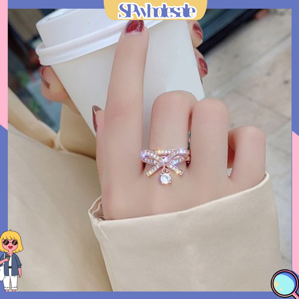 <SPwholesale> Nhẫn Hở Hai Lớp Đính Đá Zircon Hình Nơ Bằng Hợp Kim Sang Trọng Cho Ngày Valentine