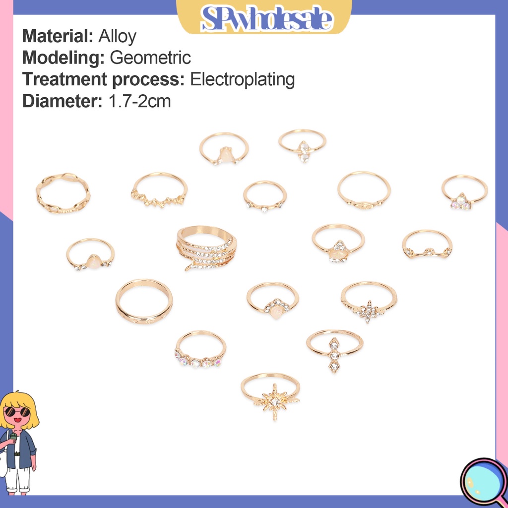 <SPwholesale> Bộ 17 Nhẫn Đính Đá Nhân Tạo Phong Cách Bohemian Thời Trang