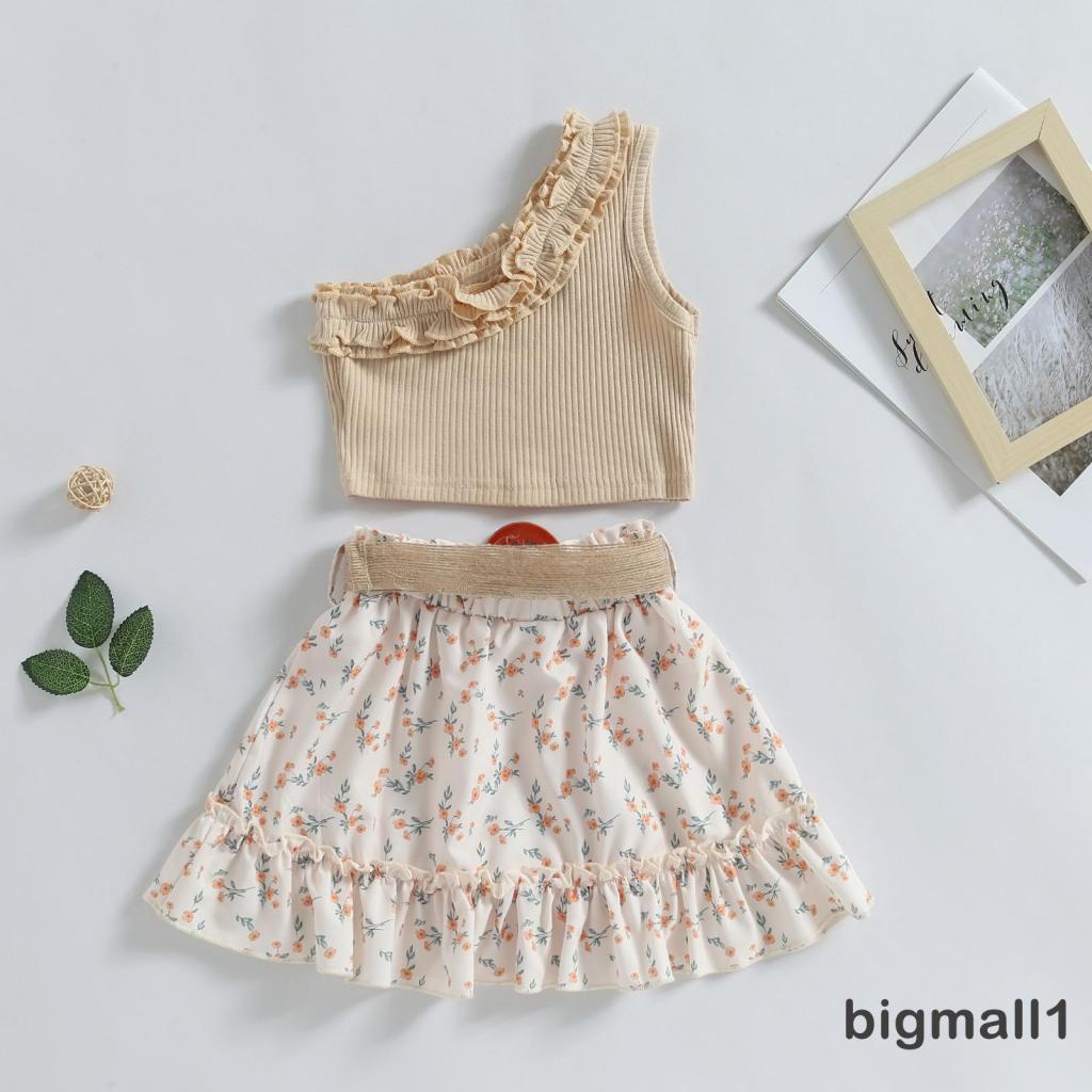 Set Áo Hở Vai + Chân Váy Hoa Kèm Thắt Lưng Xinh Xắn Cho Bé Gái 1-6 Tuổi