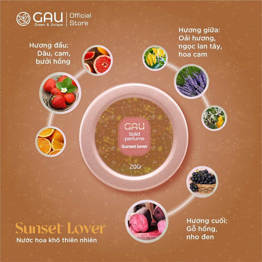 Nước Hoa Khô Nữ Dạng Sáp GAU Sunset Lover 20gr Thơm Lâu Lưu Hương 4-6 Tiếng Mùi Hương Thiên Nhiên, ngọt đầy ấm áp