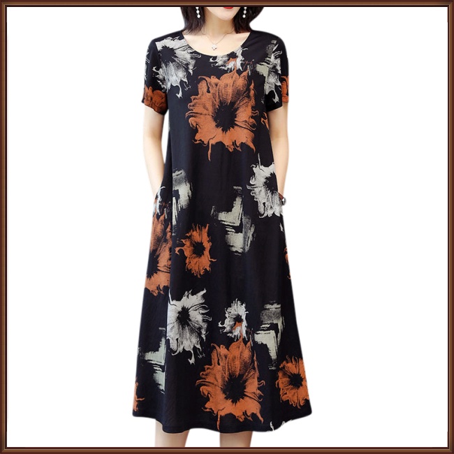 Đầm Cổ Tròn Dáng Rộng Chiết Eo In Họa Tiết Thời Trang Xinh Xắn Cho Nữ