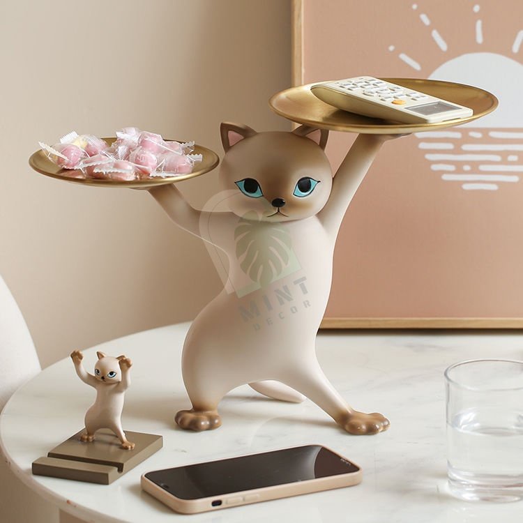 Tượng Mèo lắc hông bê 2 khay vui vẻ MINT DECOR Khay Đựng Đồ Đôi Trang Trí Nhà Cửa để Chìa Khóa Quà tân gia khai trương