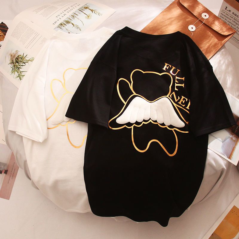 Áo Thun Nữ Tay Ngắn Dáng Rộng Có In Hình Gấu Và Đôi Cánh Thời Trang