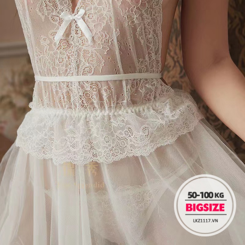 Đồ ngủ sexy gợi cảm Bigsize Đầm Váy ngủ yếm xuyên thấu hở ngực voan cổ chữ v Ren kèm quần chip quyến rũ cho người mập béo nữ | BigBuy360 - bigbuy360.vn