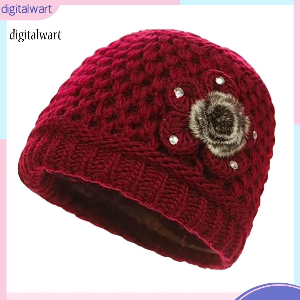 Kỹ Thuật Số| Mũ Beanie Dệt Kim Lót Lông Dày Dặn Màu Trơn Đính Đá Lấp Lánh Thời Trang Đường Phố