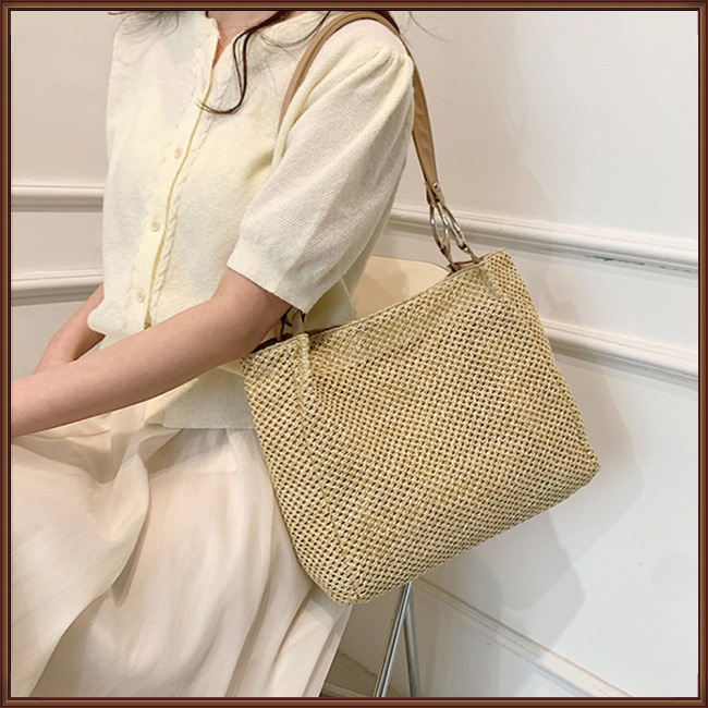 Túi Rơm Đeo Vai Sức Chứa Lớn Màu Trơn Có Khóa Kéo Thời Trang Đi Biển Mùa Hè Cho Nữ