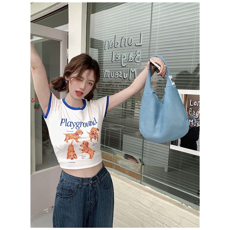 Áo Thun Ngắn Dáng Ôm In Chữ Phối Màu Tương Phản Kiểu Hàn Quốc Thời Trang Mùa Hè Cho