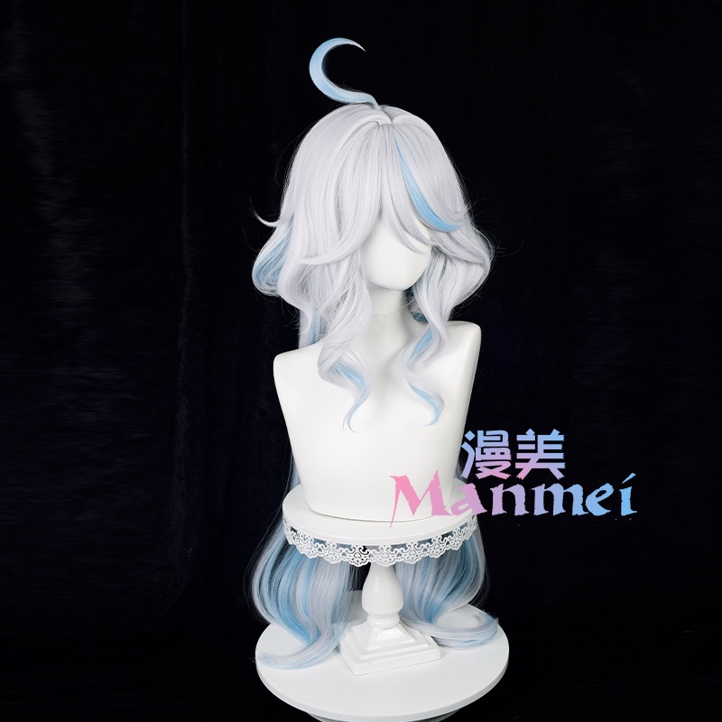 Manmei Genshin Impact Focalors Cosplay Wig 100cm Long Silver White Blue Wigs Cosplay Anime Cosplay Wigs Heat Resistant Synthetic Wigs
