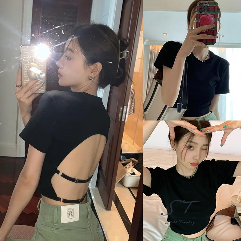 Áo Thun Crop Top Tay Ngắn Cổ Tròn Màu Đen Thời Trang Mùa Hè Cho Nữ CY03
