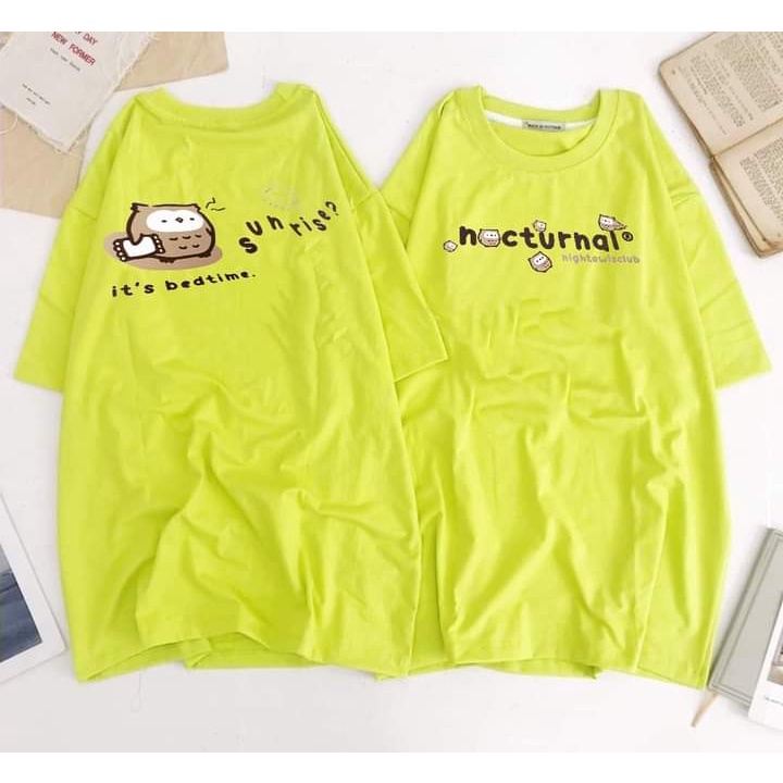 Áo thun tay lỡ form rộng in hình dễ thương màu xanh neon - Dư Tú Lệ