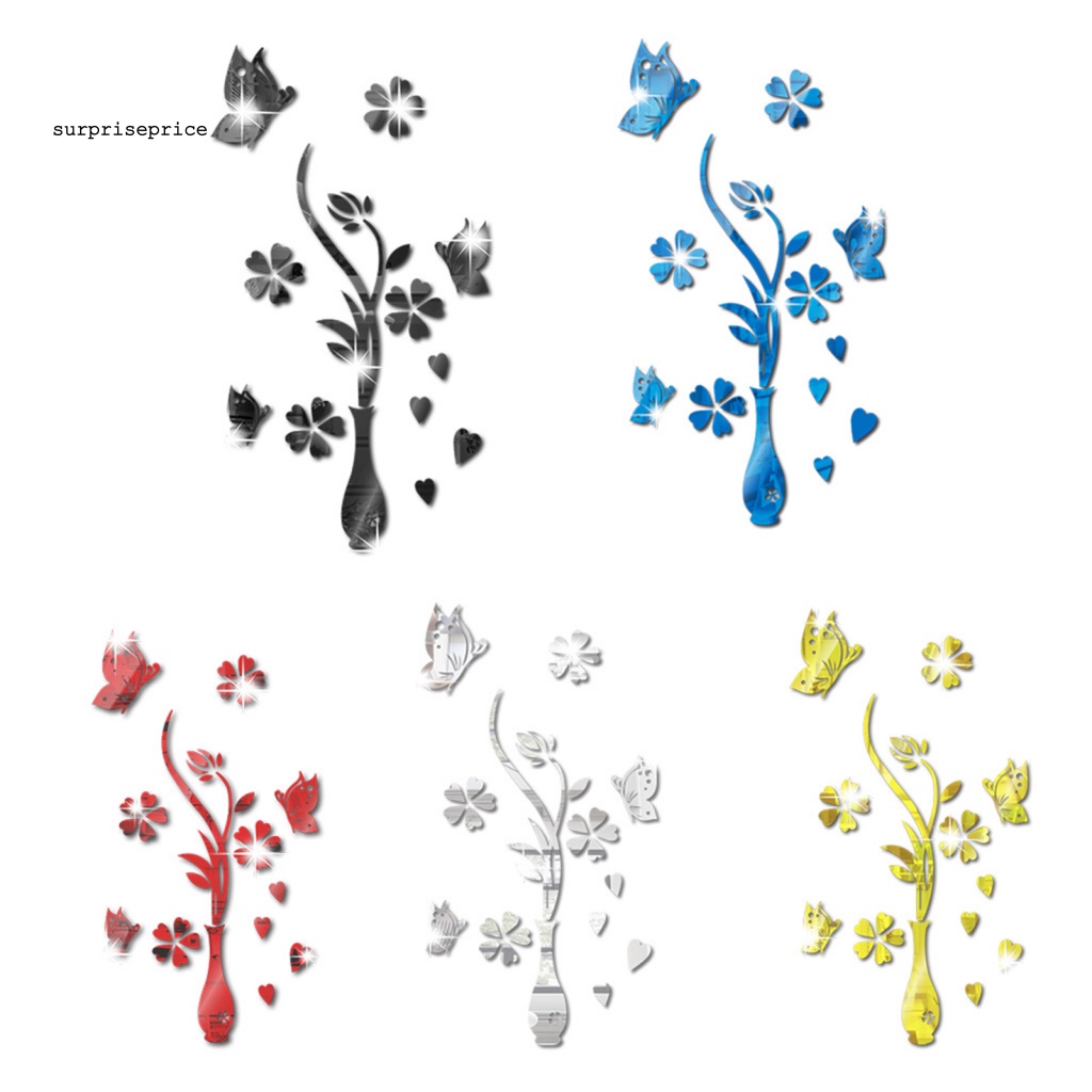 Sticker Dán Tường Bằng Acrylic Mặt Gương Hình Lọ Hoa Và Bướm Trang Trí Nhà Cửa
