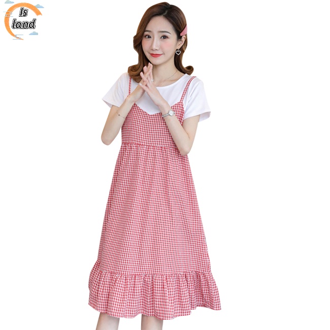 [IS] Đầm Bầu Giả Hai Lớp Bằng Vải Cotton Thoải Mái Thoáng Khí Tay Ngắn Cổ Tròn In Caro Dành Cho Phụ Nữ