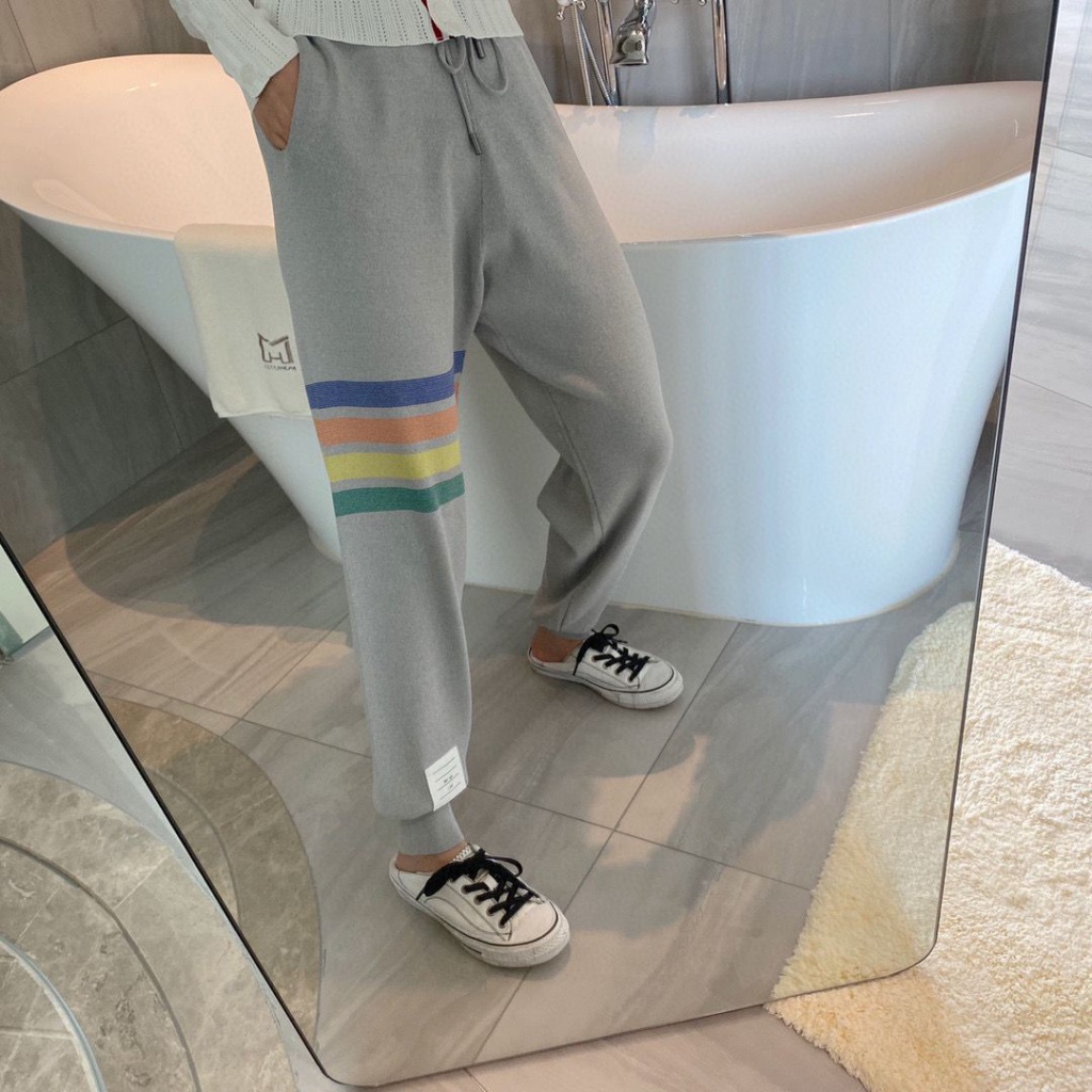 JQWH Thom Browne color four-bar striped contrast color sports loose casual pants women's knitted ice linen pants thin all-match leggings