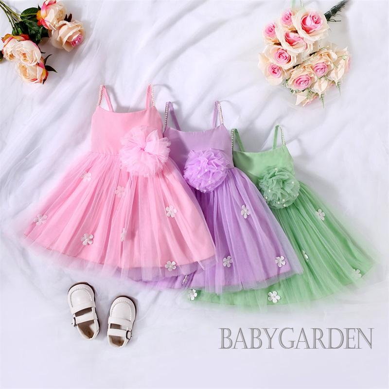 Đầm Công Chúa Dáng Chữ A Không Tay Vải Tuyn Đính Hoa Ngọc Trai Màu Xanh Lá / Hồng / Tím Cho Bé Gái 1-6 Tuổi Dự Tiệc