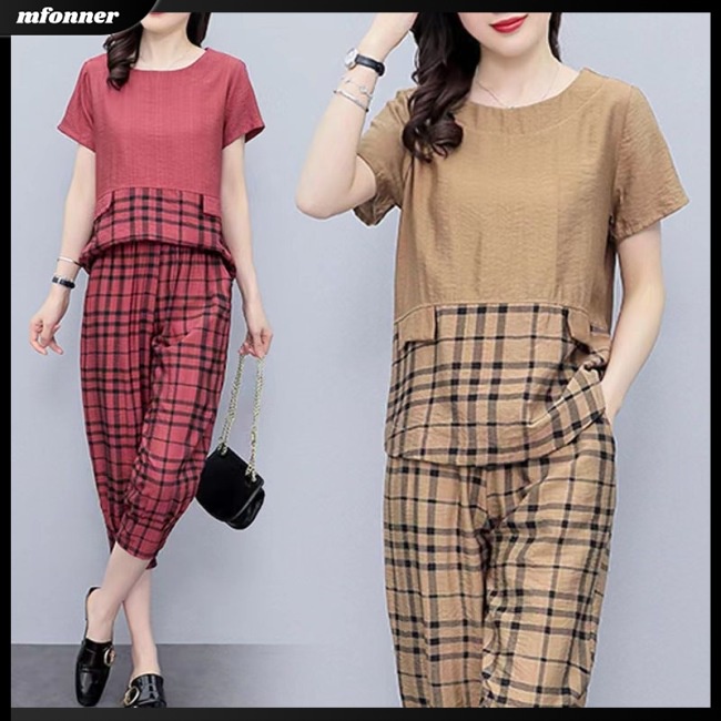 Bộ Trang Phục 2 Mảnh Chất Liệu Cotton Lanh Cổ Tròn Tay Ngắn Dáng Rộng Họa Tiết Sọc Caro Cho Nữ