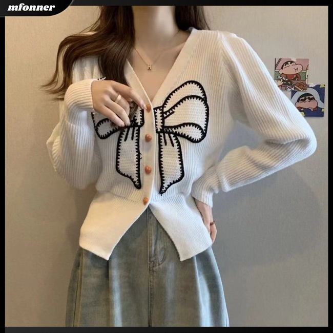 Áo Cardigan Dệt Kim Cổ V Tay Dài Đính Nơ Thời Trang Cho Nữ