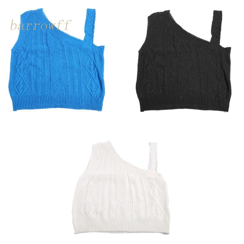 Brroa Áo Crop Top Dệt Kim Không Tay Màu Trơn Hở Vai Cắt Chồng Mồ Hôi Ôm Dáng Phối Dây Cáp Xoắn Cho Nữ