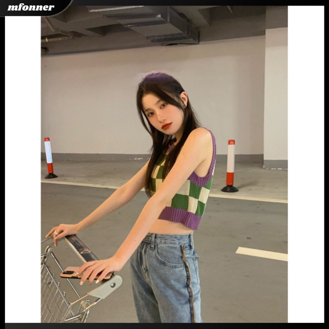 Áo Croptop Dệt Kim Không Tay Cổ Tròn In Họa Tiết Bảng Thời Trang Cho Nữ