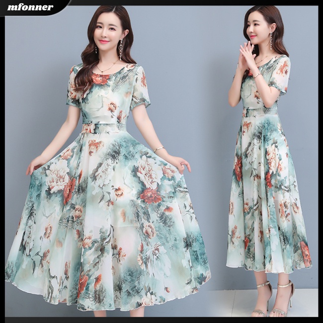 Đầm Midi Tay Ngắn Cổ Tròn Dáng Chữ A In Họa Tiết Hoa Thời Trang Mùa Hè Xinh Xắn Cho Nữ