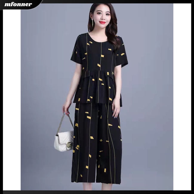 Bộ Trang Phục 2 Mảnh Áo Thun Tay Ngắn Cổ Tròn In Họa Tiết + Quần Dài Ống Rộng Thời Trang Cho Nữ