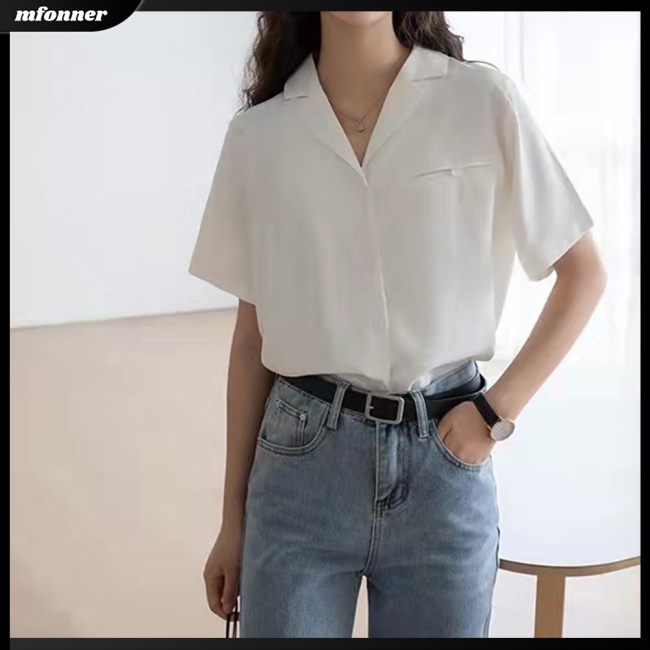 Áo Sơ Mi Chiffon Tay Ngắn Cổ Chữ V Màu Sắc Đơn Giản Thanh Lịch Dành Cho Nữ