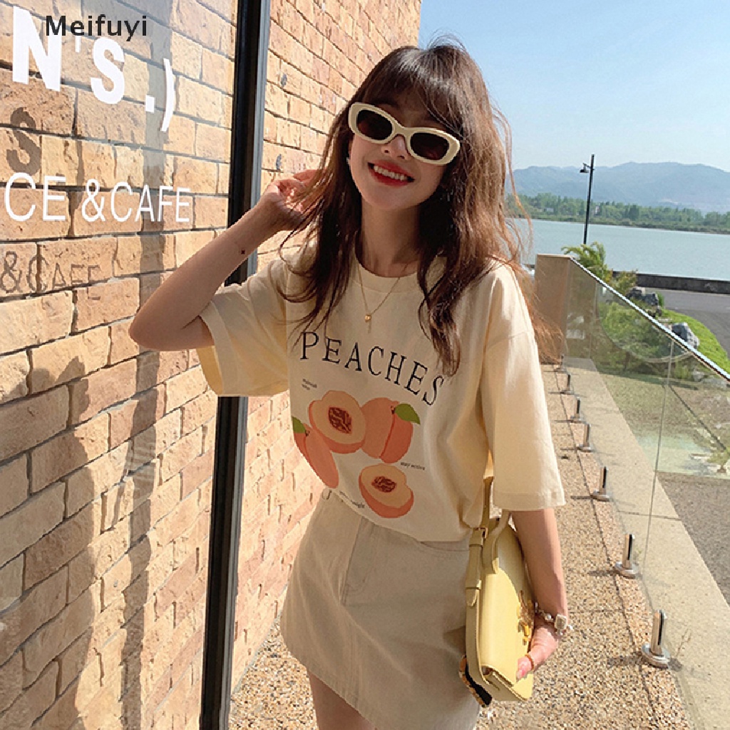 Áo Thun Tay Ngắn Cổ Tròn Dáng Rộng In Hình Quả Đào Thời Trang Mùa Hè Cho Nữ