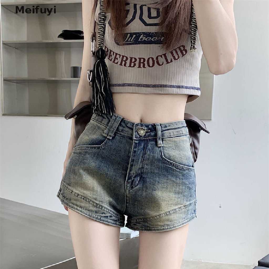 [Meifuyi] Quần Short Jean Lưng Cao Dáng Ôm Phong Cách Mỹ Cổ Điển Thời Trang Mùa Hè Dành Cho Bạn Nữ