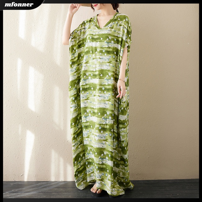 Đầm Dài Dáng Rộng Cổ Chữ V Màu Nhuộm Trắng Xanh Thời Trang Cho Nữ