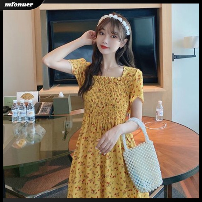 Đầm Chiffon Cổ Vuông Họa Tiết Hoa Phong Cách Pháp Ngọt Ngào Thời Trang Xuân Hè Cho Nữ