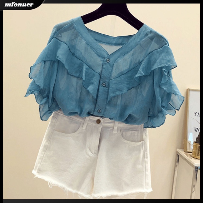 Áo Sơ Mi Voan Tay Ngắn Phồng Cổ Chữ V Thời Trang Dành Cho Nữ