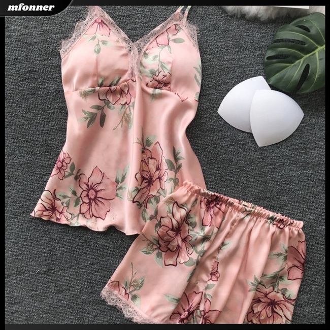 Bộ Đồ Ngủ 2 Món Áo + Quần Short Vải Lụa Satin Viền Ren Mềm Mại Thoải Mái