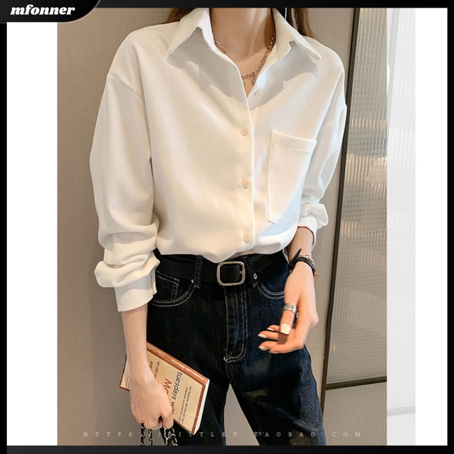 Áo Sơ Mi Tay Dài Dáng Rộng Cài Khuy Kiểu Cổ Điển Thời Trang Công Sở Cho Bạn Gái