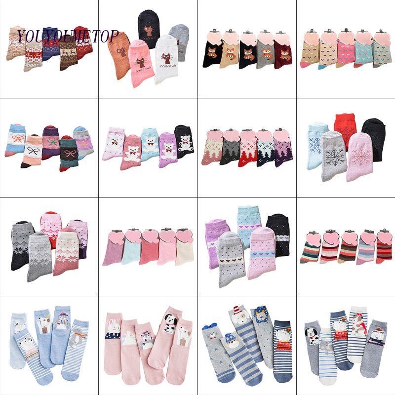 5 Đôi Tất Chân Len Hoạt Hình Giữ Ấm Cho Nữ